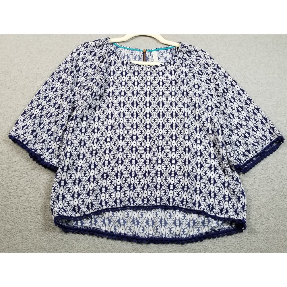 Xhilaration Blouse Women Junior S Small Blue White Boho Geometric Pom Pom Trim